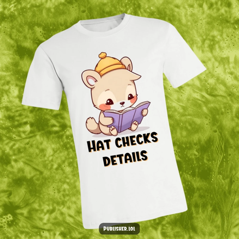 Funny t-shirt showcasing a whimsical animal in a tiny hat, using a magnifying glass to meticulously examine the details of a page.