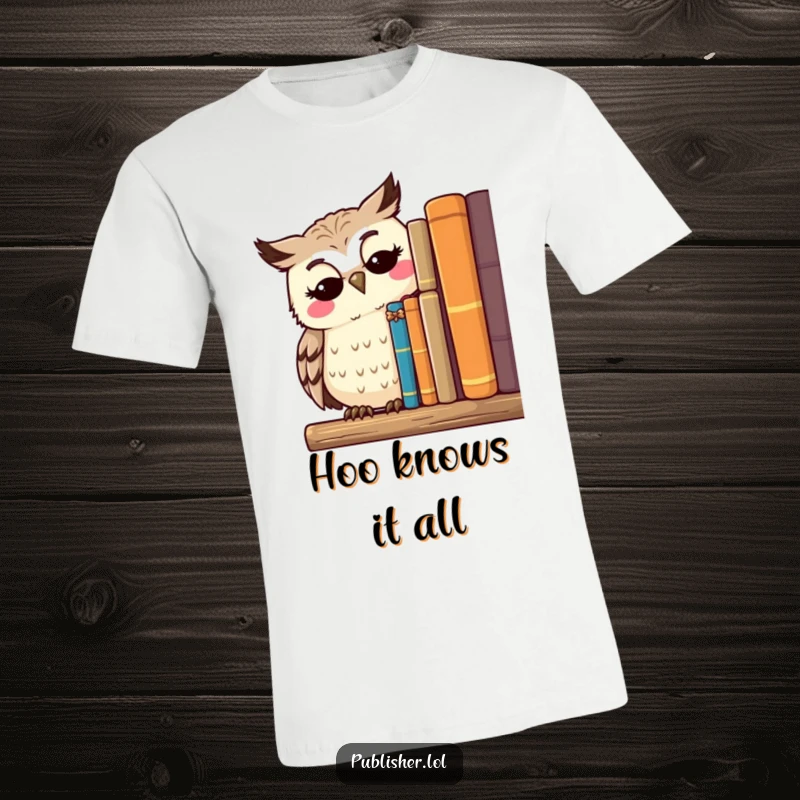Funny t-shirt featuring a thoughtful owl character surveying a shelf of published works with a serene smile, ideal for scholars.