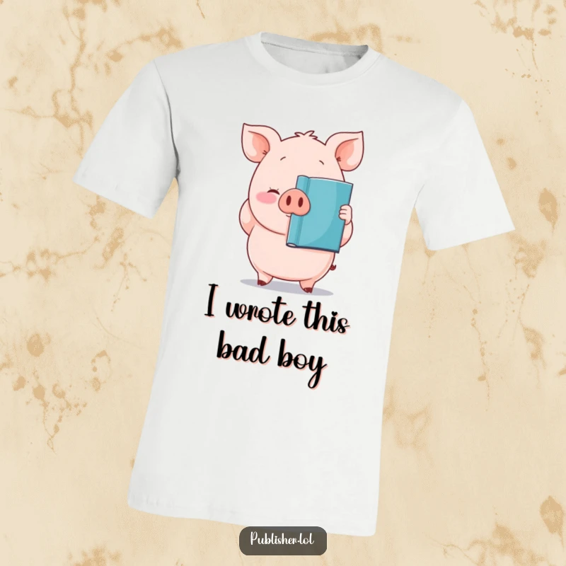 Funny t-shirt featuring a plump, proud pig character holding a newly printed book, celebrating literary success.