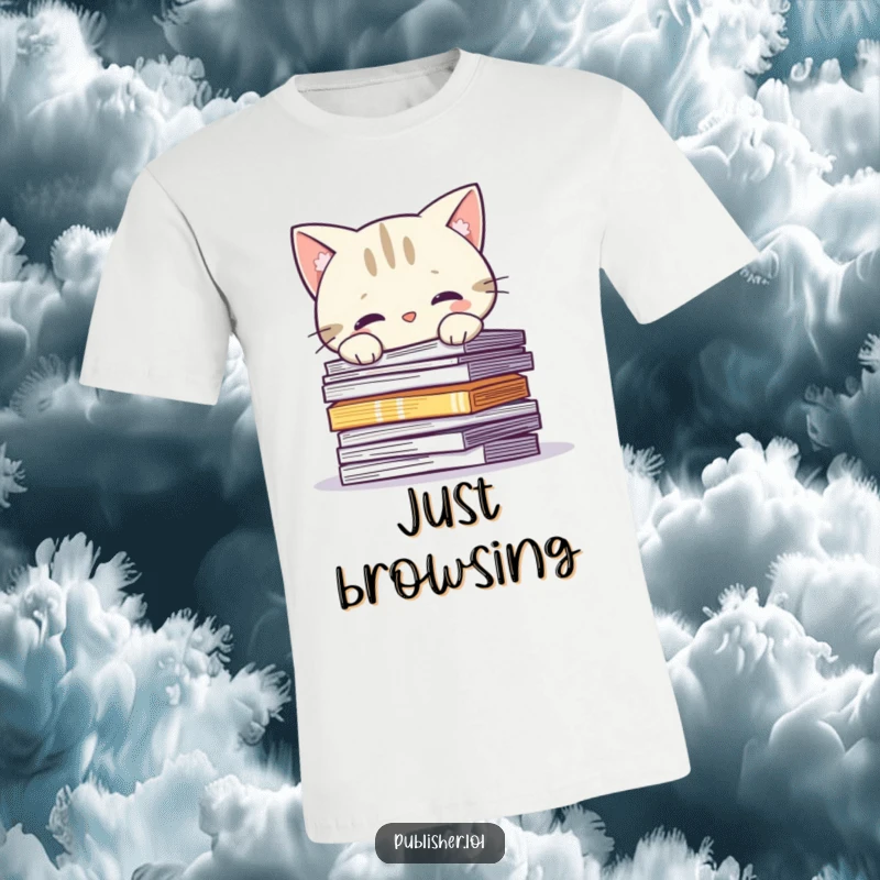 Funny T-Shirt: A curious cat character peeks over a pile of printed pages, showcasing a love for reading and felines.