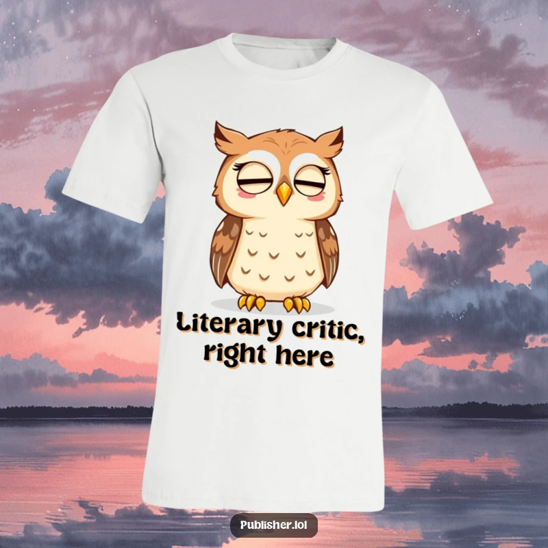 Funny t-shirt featuring a wise owl nodding in approval at a freshly printed page, designed for intellectuals and book enthusiasts.