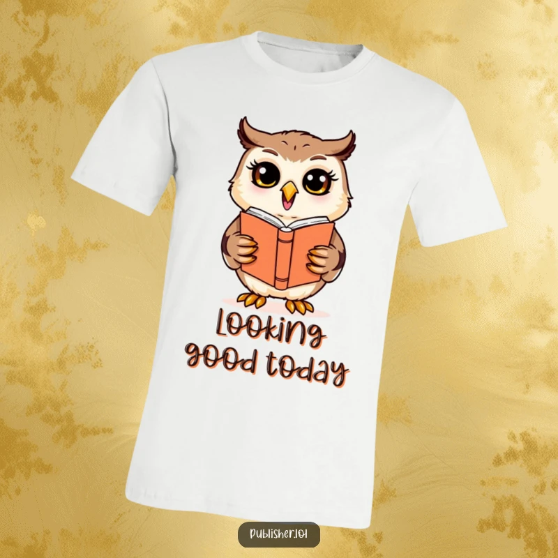 Funny cheerful owl character enthusiastically reviewing a book cover design on a t-shirt, perfect for creative critique humor.