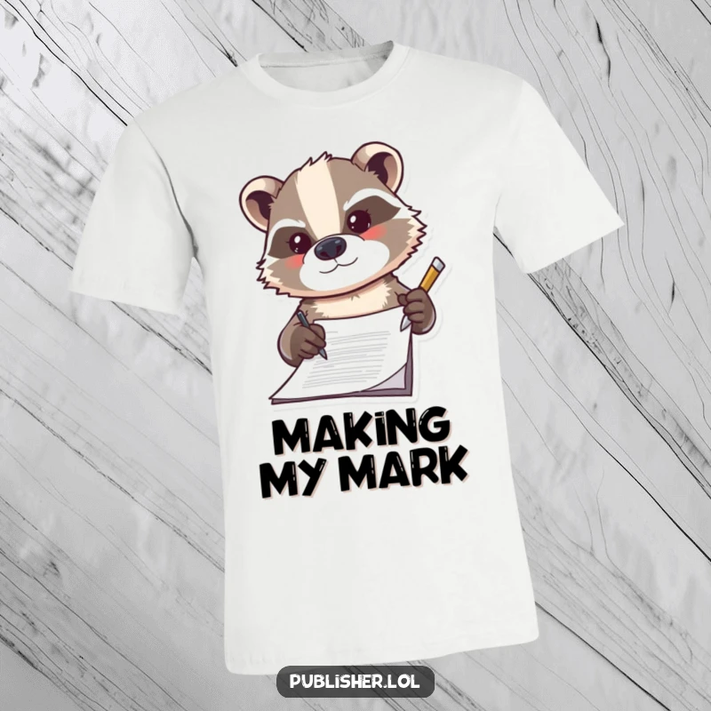 Funny badger t-shirt, determinedly signing a document with a dramatic flourish, perfect for professionals and animal lovers.