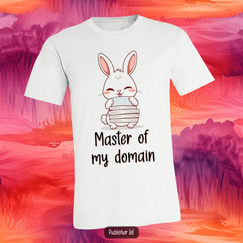 Funny winking rabbit adjusting papers with a meticulous grin on a t-shirt, office humor theme.