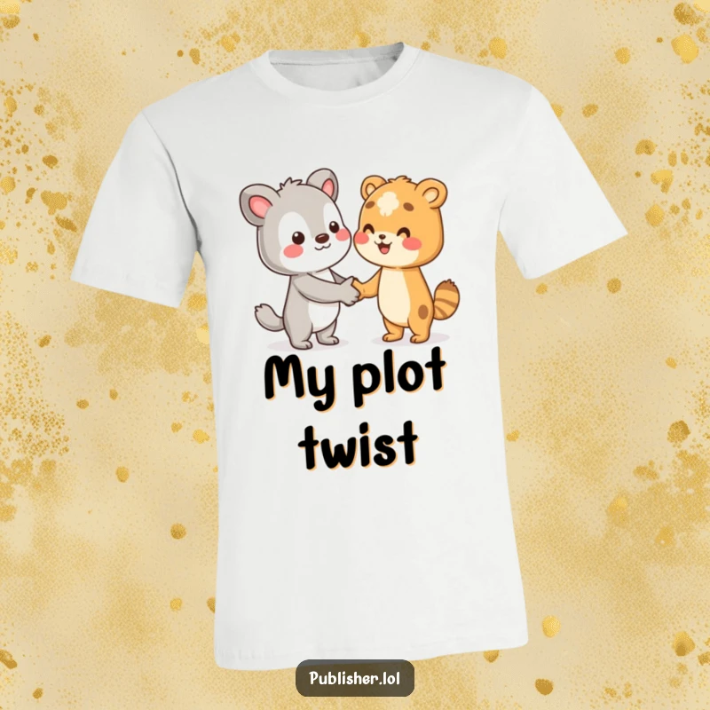 Funny t-shirt featuring a character shaking hands with an unseen author, celebrating literary collaboration, a great funny gift.