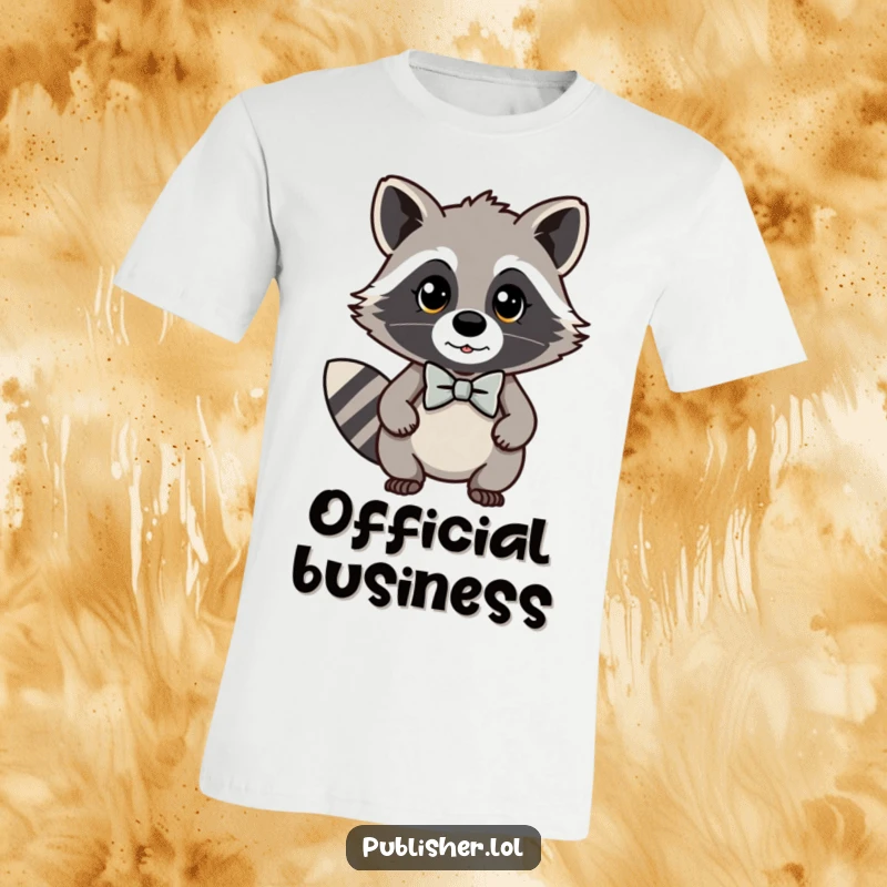 Funny kawaii raccoon t-shirt featuring a dapper character in a bow tie looking quite important, blending cuteness with a touch of class.