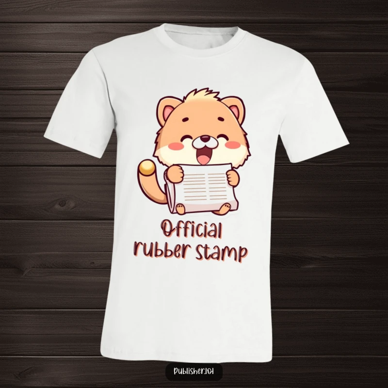 Funny t-shirt featuring a fuzzy animal character enthusiastically stamping a large document, symbolizing achievement and a great funny gift.