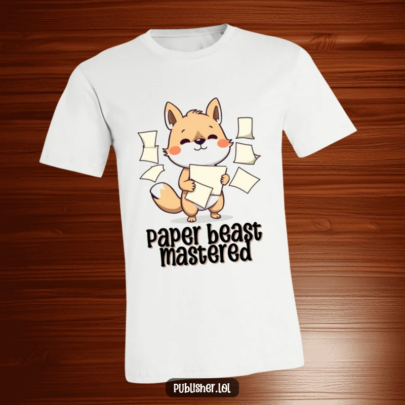 Funny t-shirt featuring a determined animal character skillfully handling multiple flapping papers, representing efficiency and hard work.