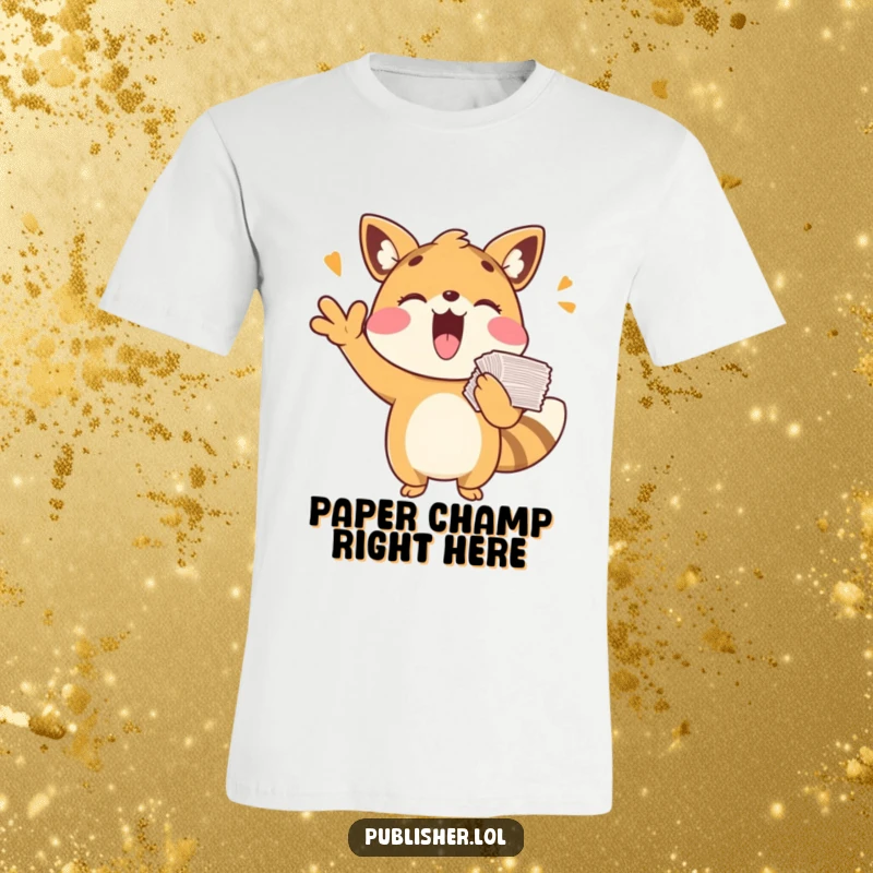 Funny t-shirt with a playful animal character cheering with a stack of papers, symbolizing joy and achievement, a great funny gift.