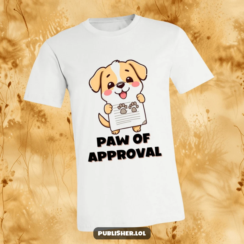 Funny t-shirt, cute dog enthusiastically stamping document, happy paw mark, approval, office humor for funny gift seekers.
