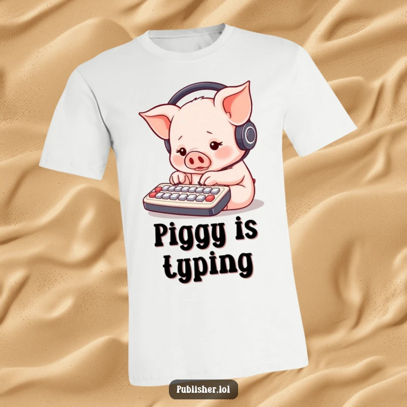 Funny round piglet with headphones, furiously typing on a small keyboard with multiple paws, t-shirt graphic for tech humor.