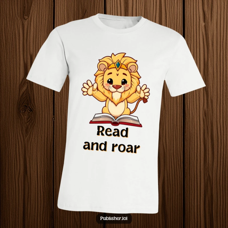 Funny T-Shirt: A regal lion character authoritatively points to a layout in a book, showing leadership and wisdom.