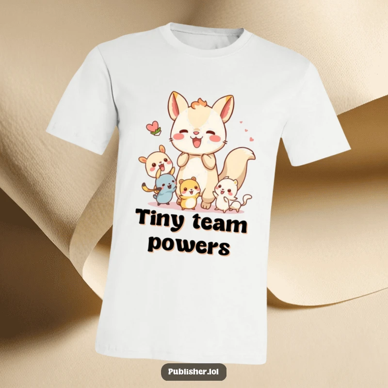 Funny t-shirt featuring a whimsical animal character energetically collaborating with tiny creatures, representing friendship and cooperative play.