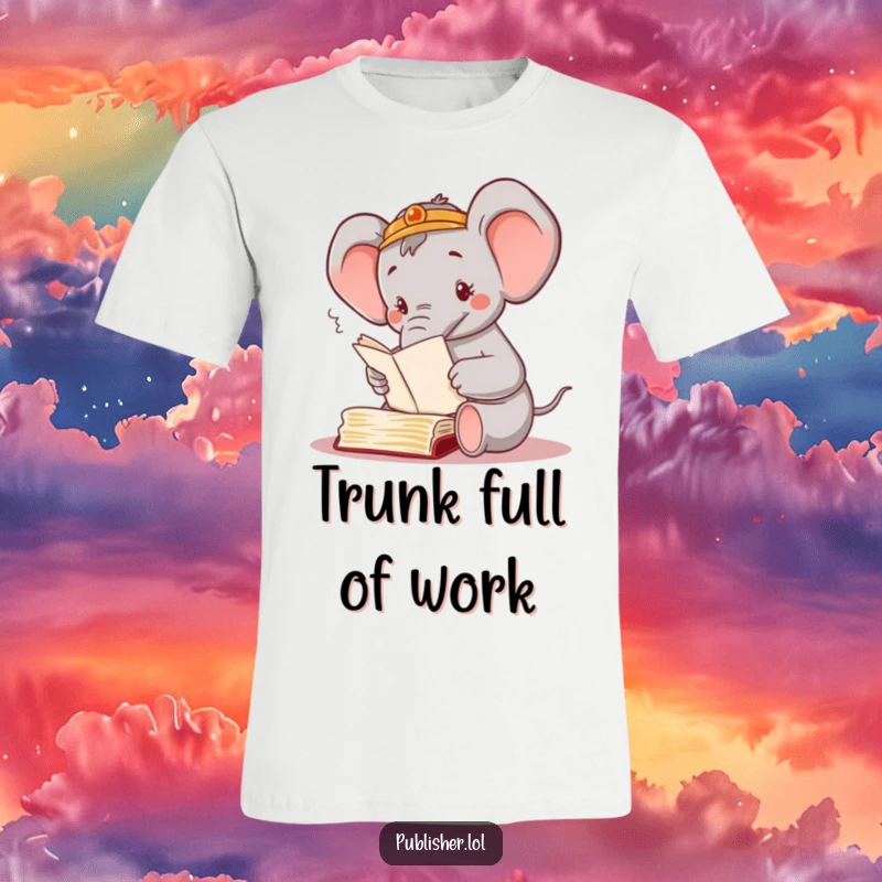 Funny t-shirt with a busy elephant meticulously sorting through piles of manuscripts using its trunk, expressing a contented sigh of accomplishment.