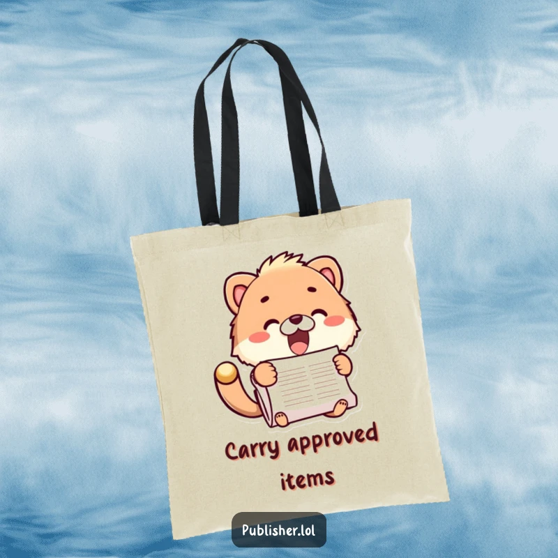 Funny tote bag depicting a fuzzy animal character stamping a large document, symbolizing enthusiasm and productivity, a perfect funny gift.