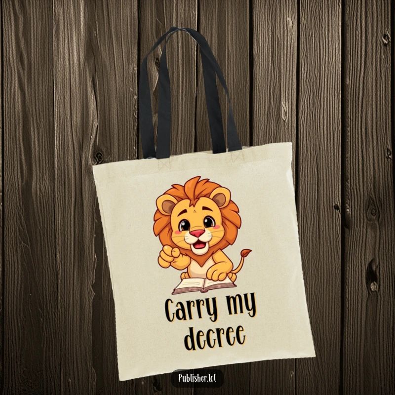 Funny tote bag featuring a decisive lion character pointing authoritatively at a manuscript, symbolizing leadership and goal achievement.