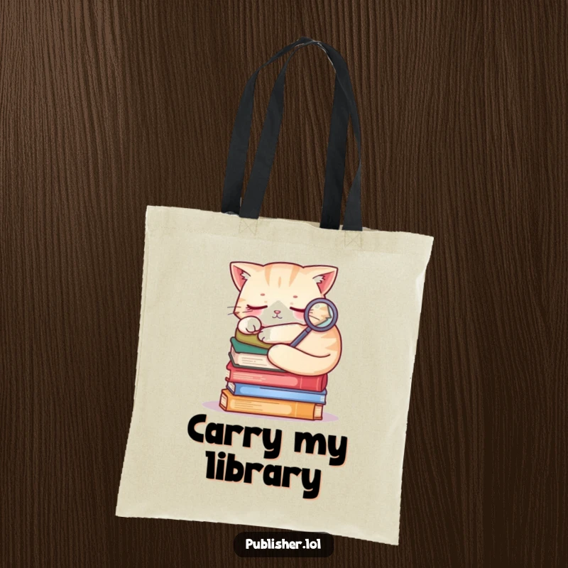Funny sleepy cat on a stack of books, holding a magnifying glass, humorous tote bag for book lovers.