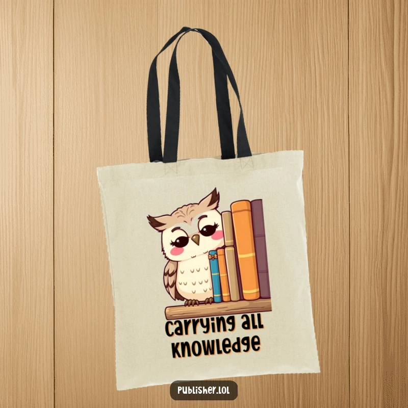 Funny tote bag with a thoughtful owl character surveying a shelf of published works with a serene smile, excellent for carrying books.