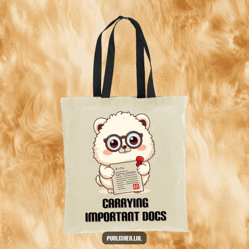 Funny tote bag with a fluffy animal wearing a monocle, stamping a document, perfect for carrying essentials with approval.