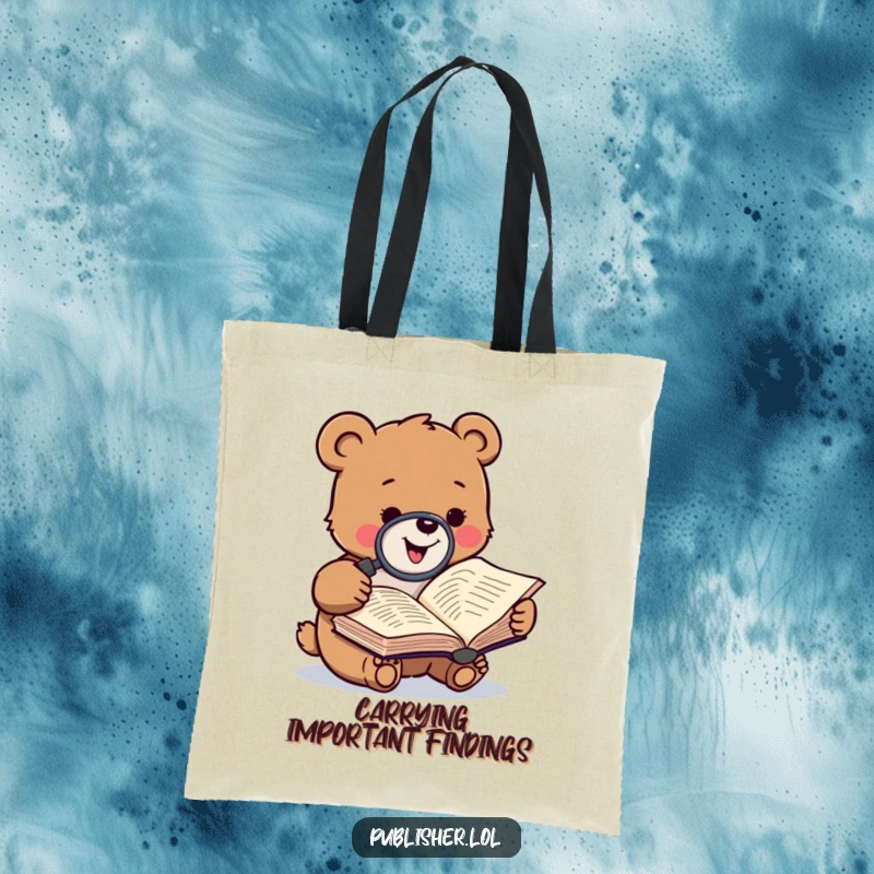 Funny tote bag featuring a gleeful bear character using a magnifying glass to study a manuscript, ideal for carrying books.