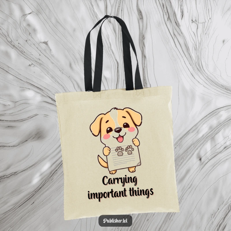 Funny canvas tote bag, cute dog enthusiastically stamping document, happy paw mark, office approval for funny gift shoppers.