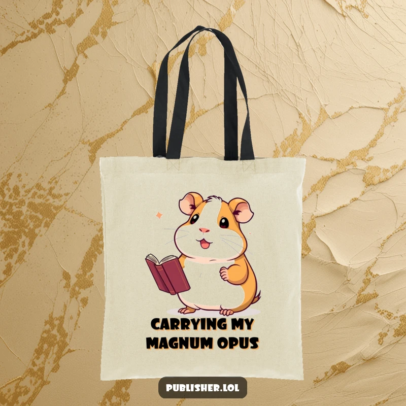 Funny tote bag with a proud guinea pig presenting a novel with a flourish, perfect for authors and book lovers.