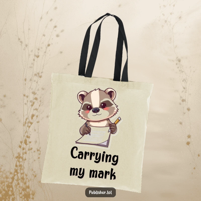 Funny badger tote bag, signing a document with a bold flourish, showcasing determination and professional charm for everyday use.