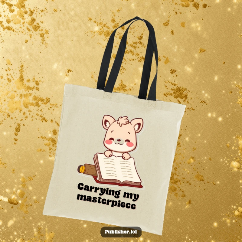 Funny tote bag depicting a bouncing animal character giving an emphatic nod of approval to a manuscript, celebrating literary endeavors humorously.