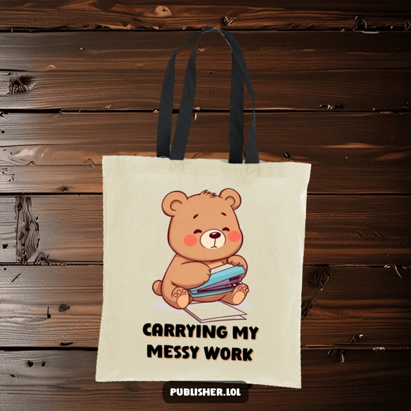 Funny Tote Bag showcasing a clumsy bear hilariously trying to staple papers with its own paw, perfect for carrying items with humorous flair.