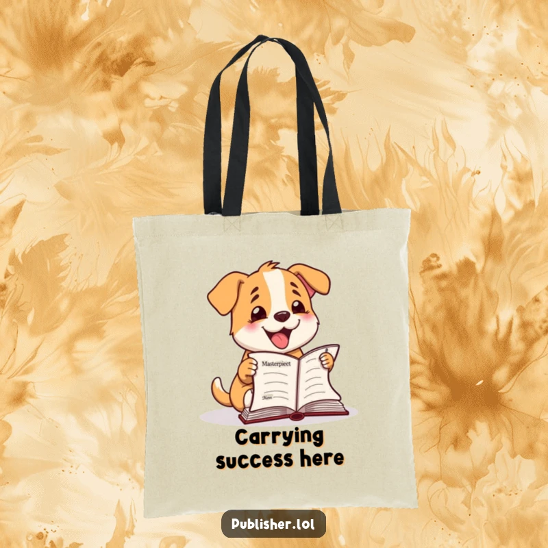 Funny Tote Bag: Happy dog character barks at a finished manuscript, ideal for carrying writing projects with joy.