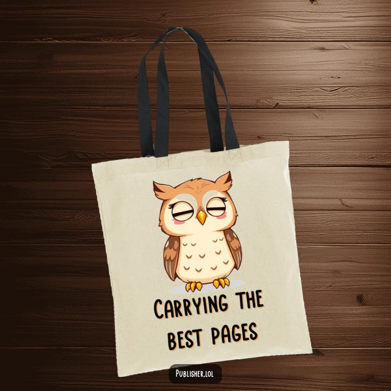 Funny tote bag with a thoughtful owl nodding approval at a printed page, perfect for carrying books and study essentials.