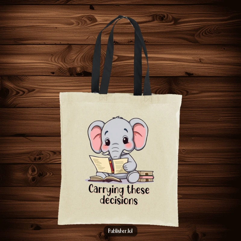 Funny tote bag with a wise elephant character contemplating a complex publishing contract, perfect for carrying documents.