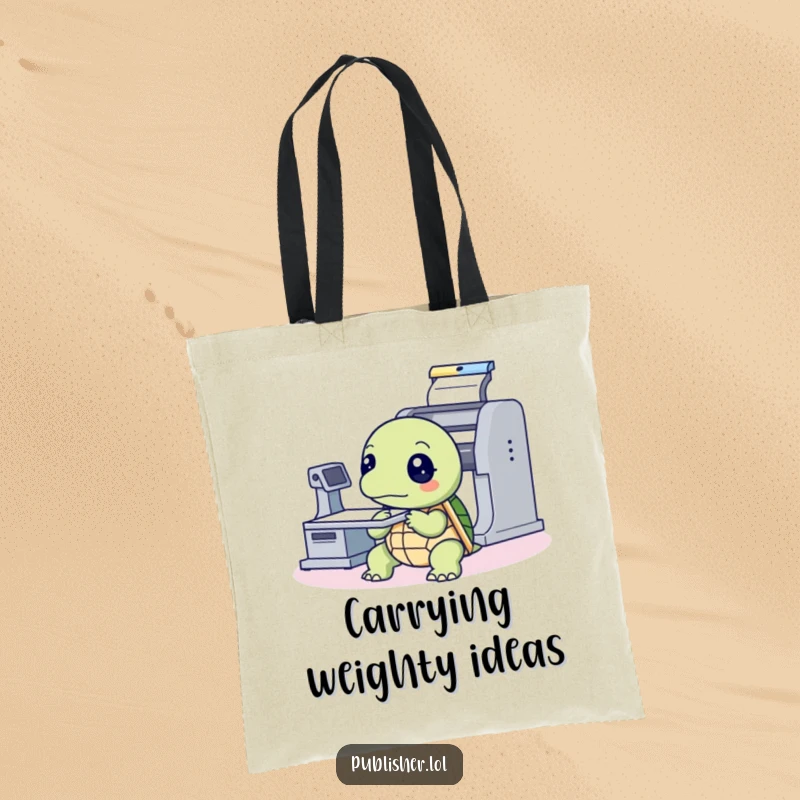 Funny Tote Bag showcasing a thoughtful turtle intently looking at a printing press machine, perfect for carrying items with vintage, intellectual humor.