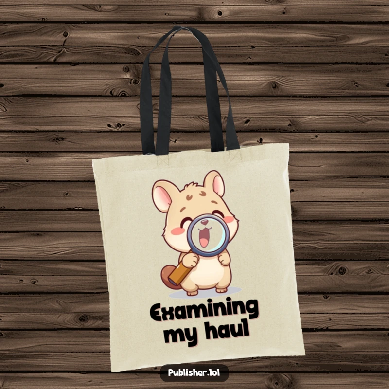 Funny tote bag depicting an animal character using a magnifying glass, symbolizing curiosity and discovery, a perfect funny gift.
