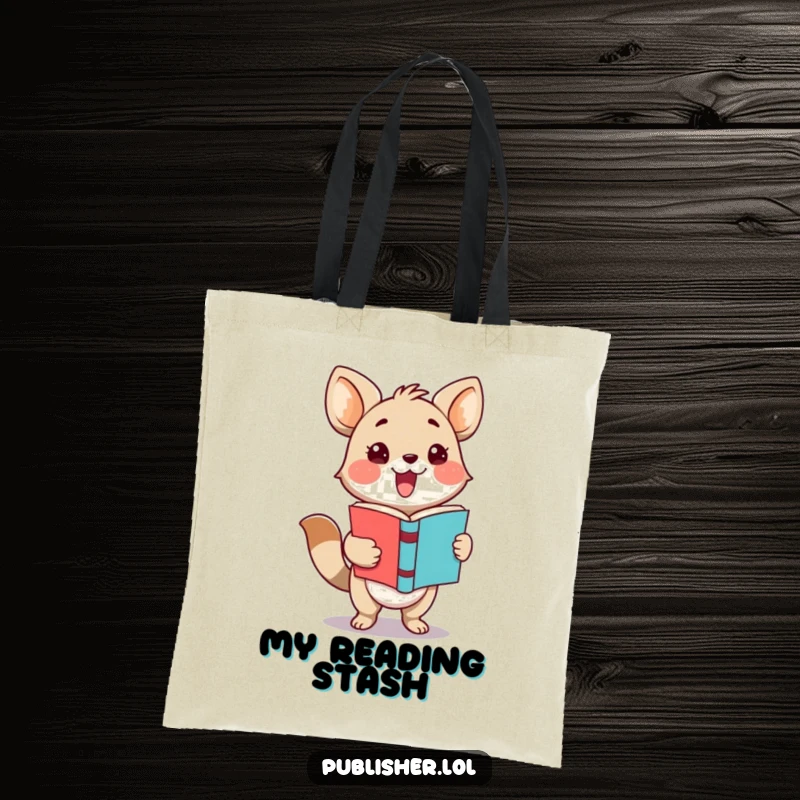 Funny tote bag showing an adorable animal character enthusiastically presenting a newly finished book with a flourish and happy eyes.