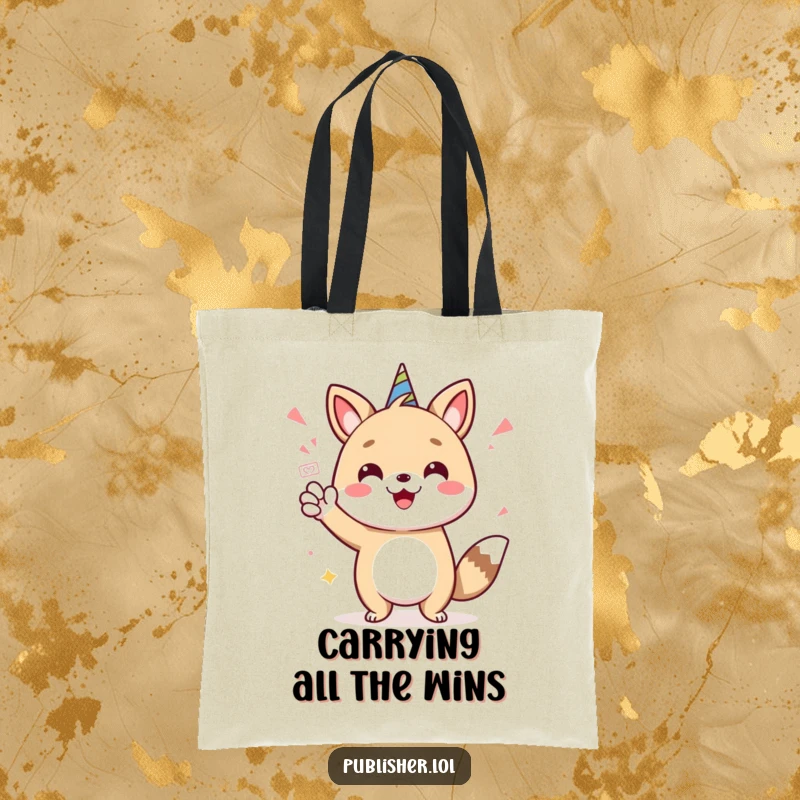 Funny tote bag showcasing a cheerful animal character giving a celebratory stamp of approval, perfect for carrying items with humor.