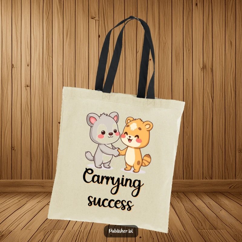 Funny tote bag with a character shaking hands with an unseen author, perfect for carrying literary treasures, a great funny gift.