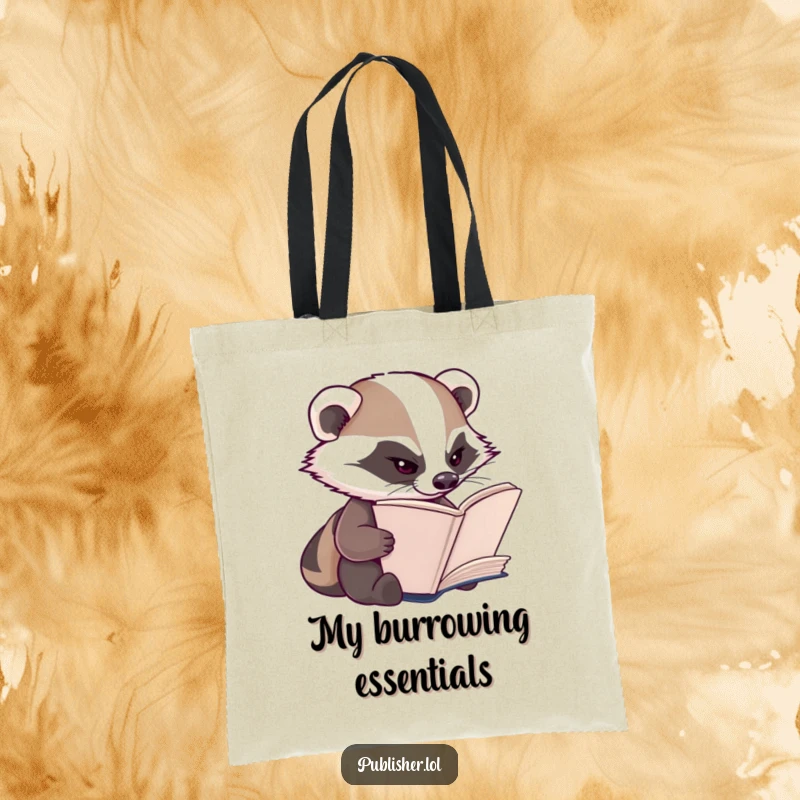 Funny Badger Tote Bag: A diligent badger character squints while inspecting book pages, ready for any library trip.
