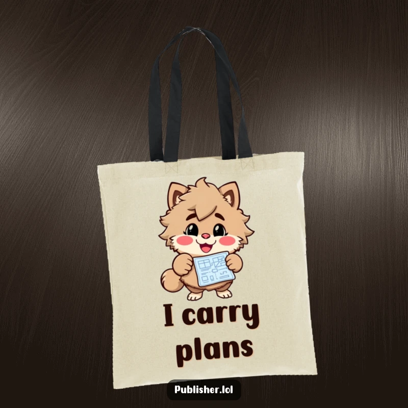 Funny Blueprint Planner Tote Bag with a cheerful, grinning character pointing at a blueprint, perfect for carrying project materials humorously.