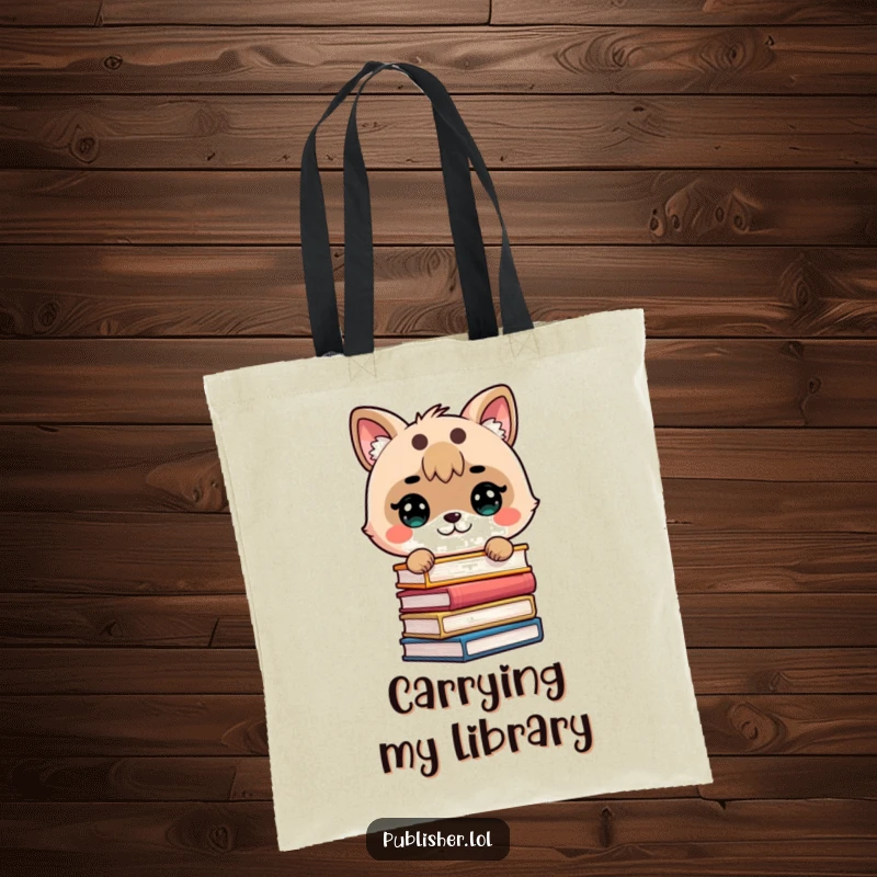 Funny tote bag with a cute animal determinedly stacking books, perfect for carrying library hauls and literary treasures.