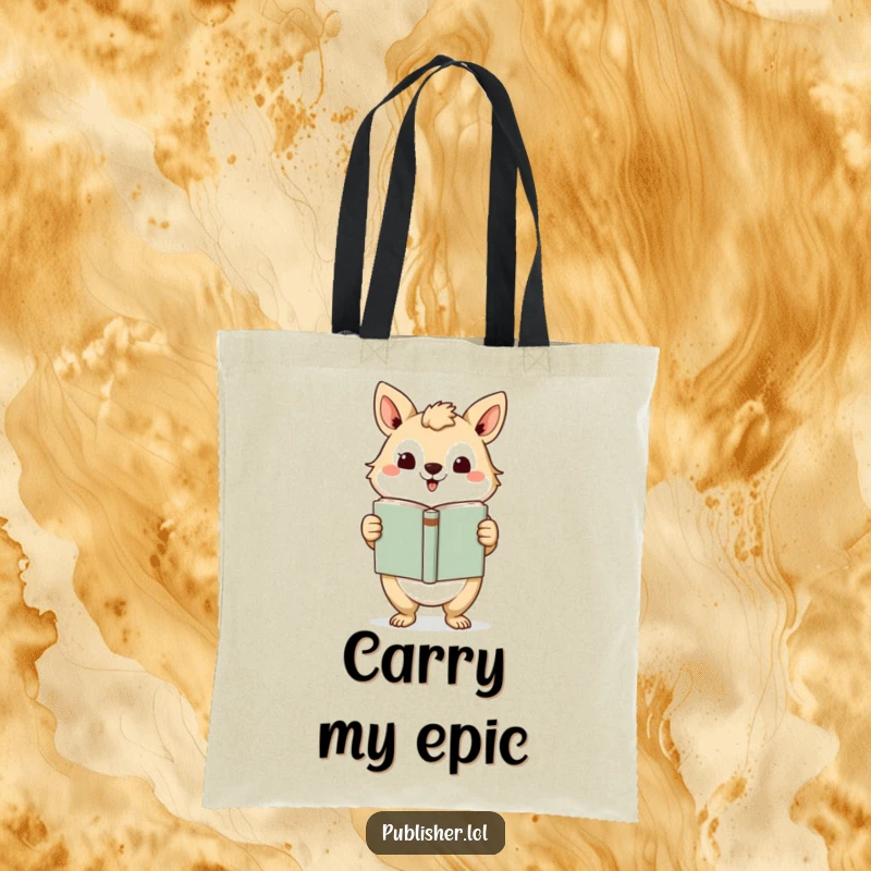 Funny Tote Bag: Durable bag with an animal character presenting a finished book with a grand gesture, perfect for book lovers and readers.