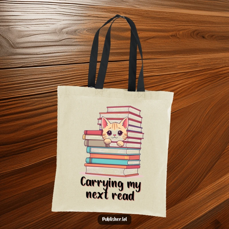 Funny tote bag with a curious cat peeking from behind a stack of books, perfect for cat enthusiasts and bookworms.