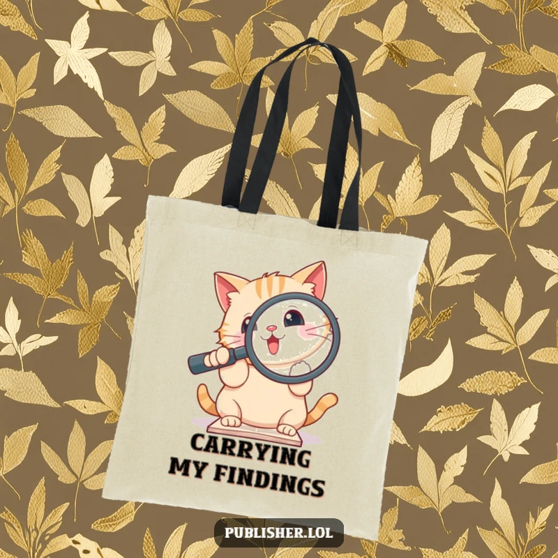 Funny tote bag with a cute cat holding a large magnifying glass over a document, perfect for carrying items with humor.