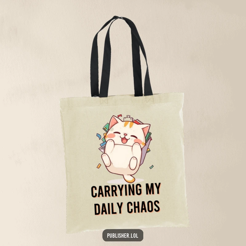 Funny cat tote bag: a pudgy cat character comically tumbles backward from an overflowing email inbox, symbolizing digital clutter.