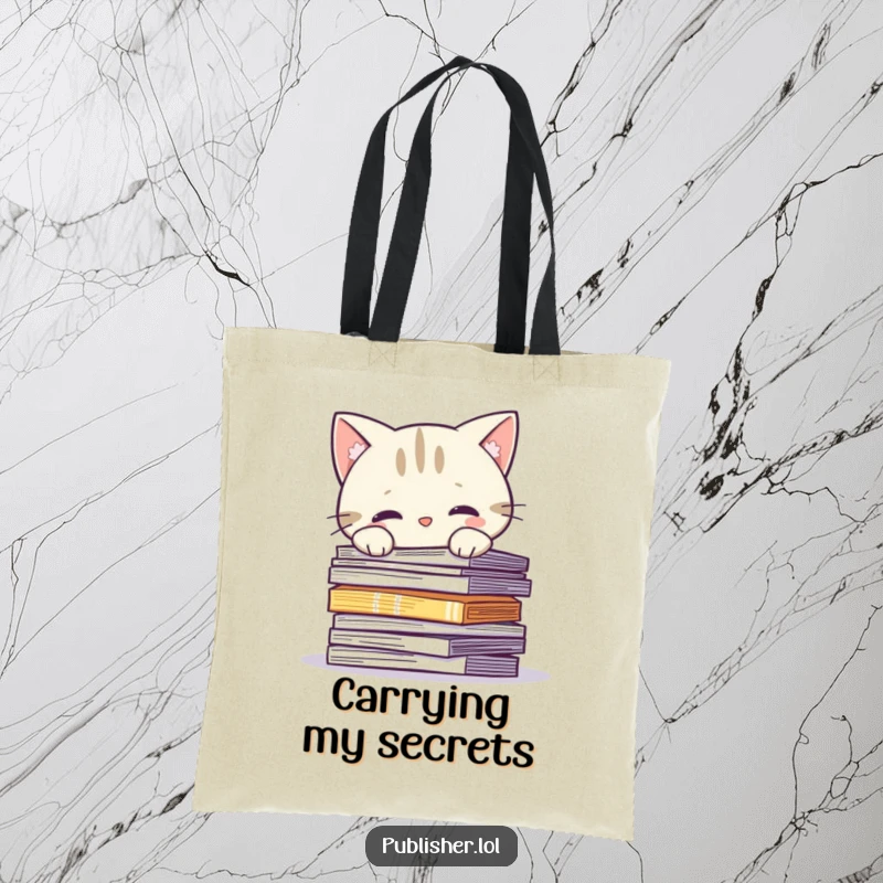 Funny Tote Bag: Curious cat character peeks over printed pages, ideal for carrying books with feline flair.