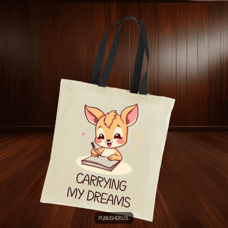 Funny fawn tote bag depicting a joyful character signing a document with a flourish, a humorous accessory for celebrating achievements.