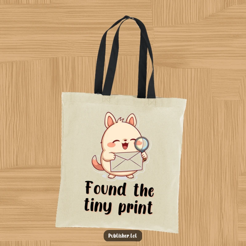 Funny tote bag showing a round animal character inspecting a letter with a magnifying glass, ideal for carrying essentials with a curious flair.