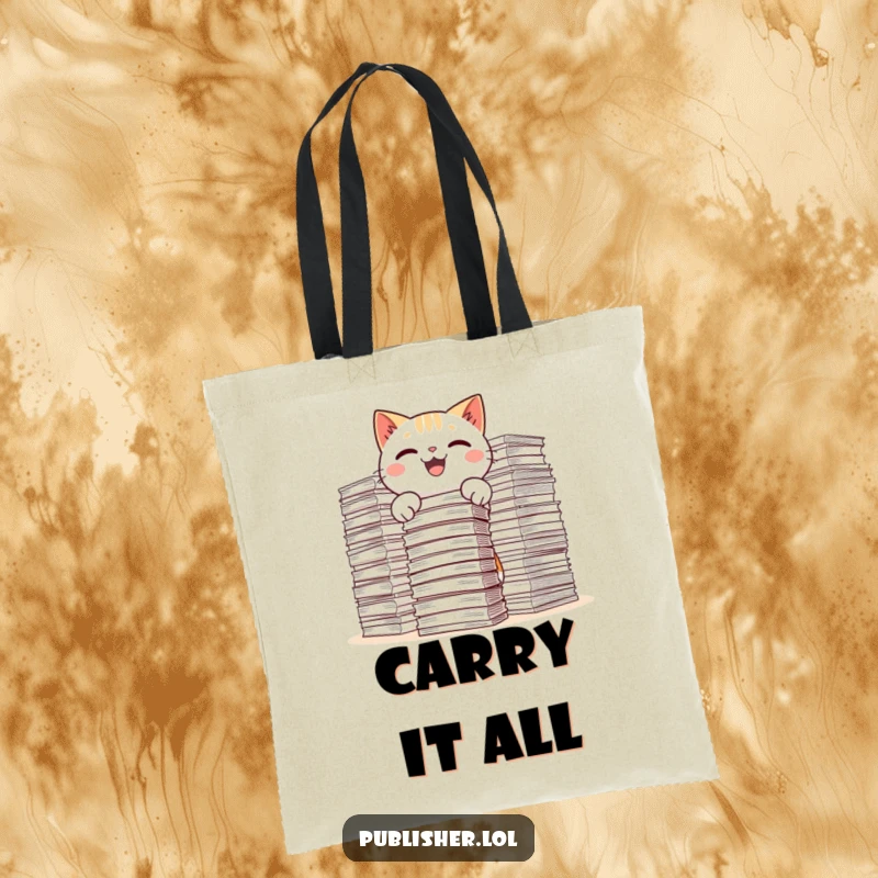 Funny Kawaii Cat Tote Bag depicting a cat gleefully stacking enormous piles of documents, representing workload and humor.