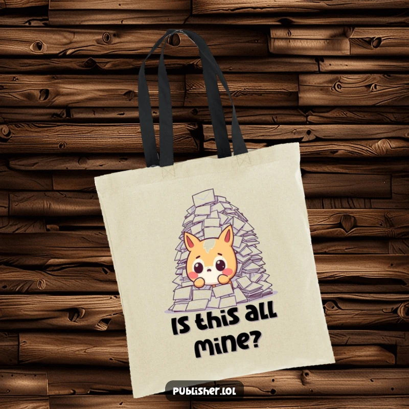 Funny tote bag depicting a shocked animal character surrounded by a huge, unexpected heap of mail, highlighting the humor of postal overload.