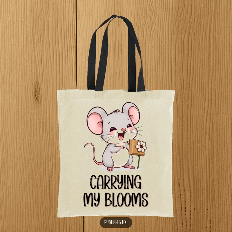 Funny tote bag featuring an excited mouse character stamping a flower, perfect for carrying craft supplies and creative materials.